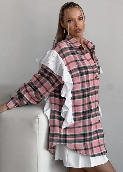 Plaid Poplin Shirt Cotton Polyester Pink Ruffle Detail