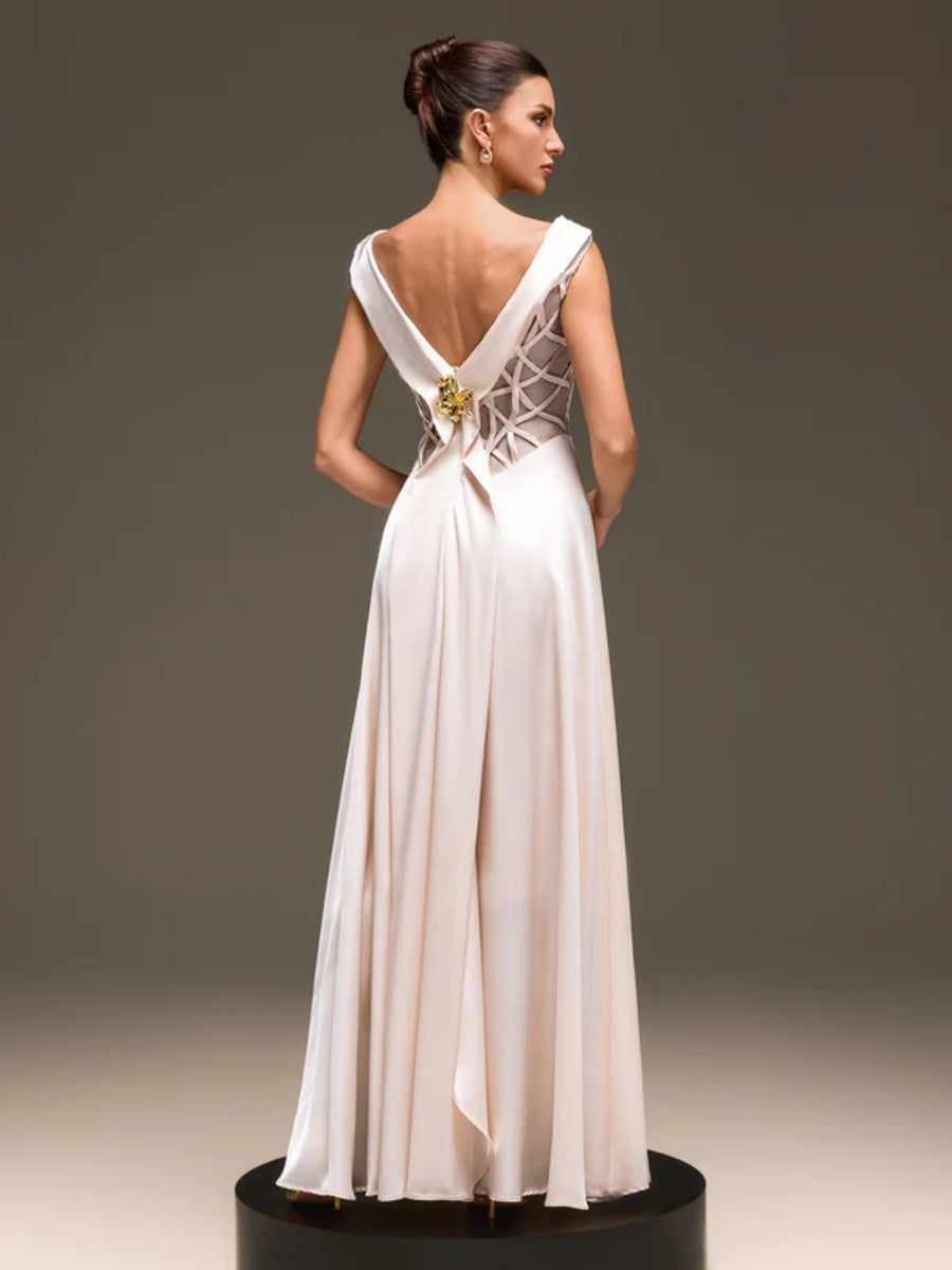 Seraphina Lattice-Bodice Off-the-Shoulder Satin Gown