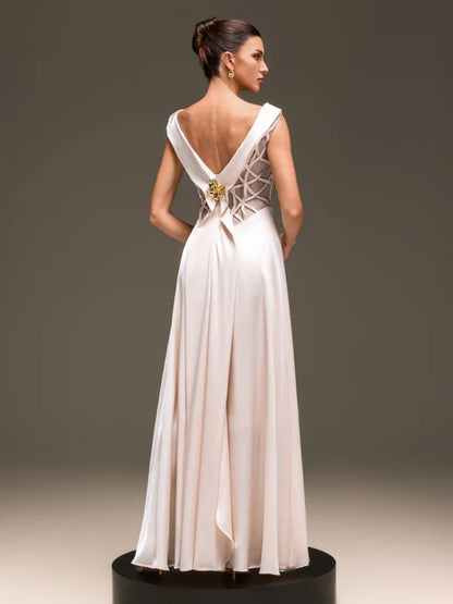 Seraphina Lattice-Bodice Off-the-Shoulder Satin Gown