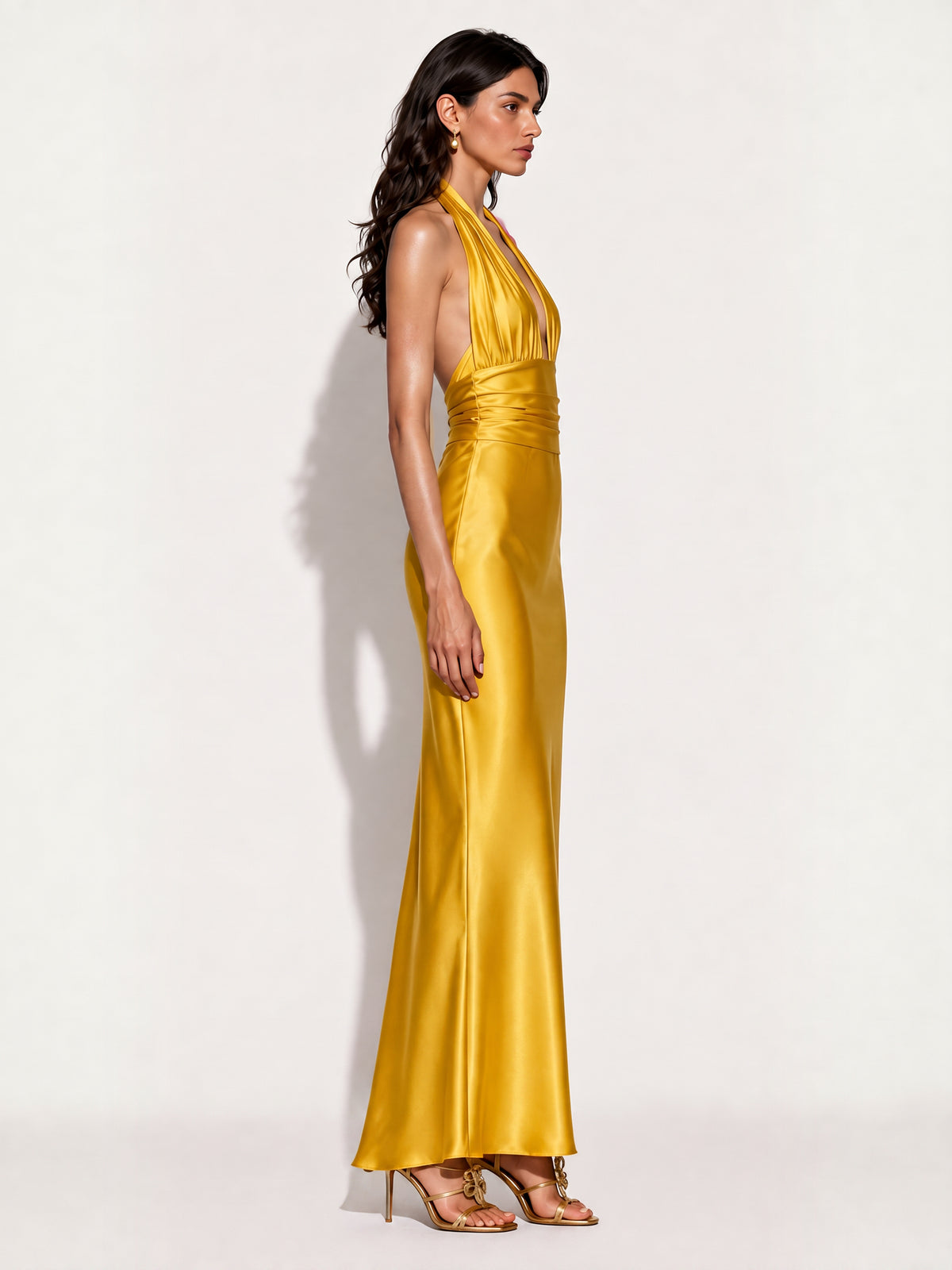 Audrey Satin Halter-Neck Mermaid Maxi Dress In Yellow