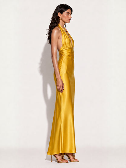 Audrey Satin Halter-Neck Mermaid Maxi Dress In Yellow