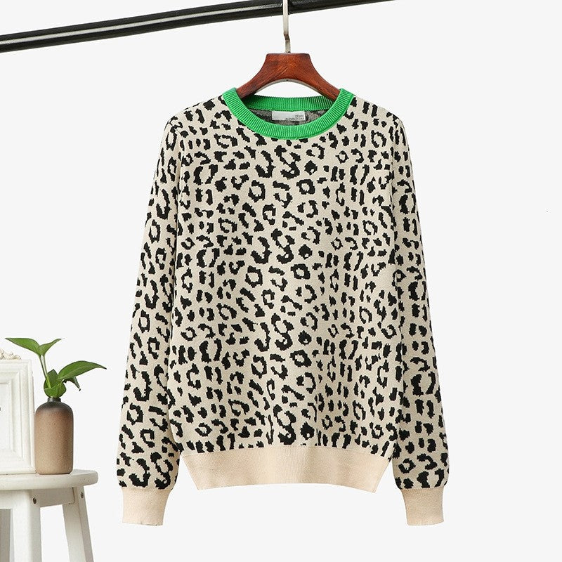Leopard Jacquard Contrast Loose Sweater
