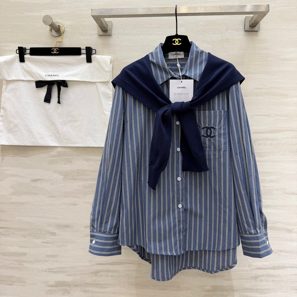 CC Striped Shirt & Knitted Shawl Blue White Cotton 344723
