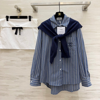 CC Striped Shirt & Knitted Shawl Blue White Cotton 344723