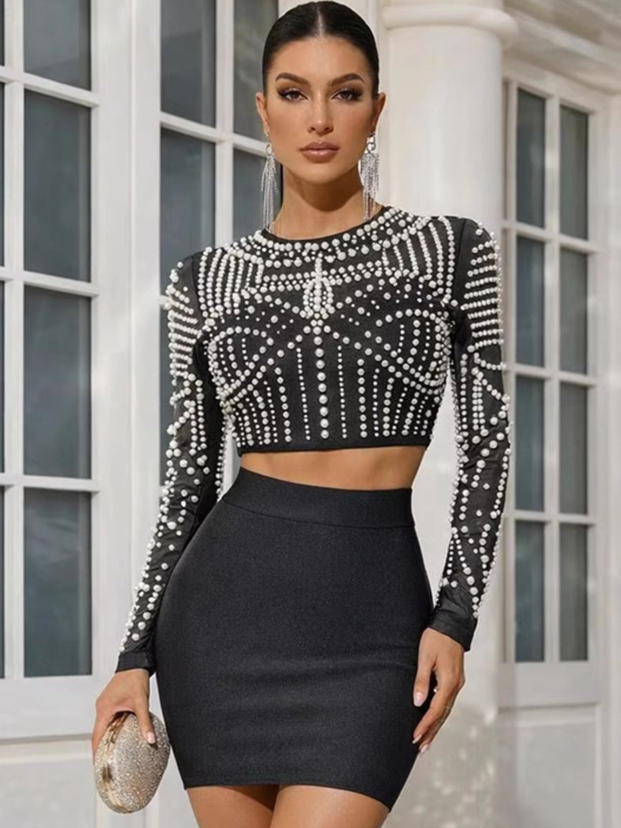 Isolde Beaded Long-Sleeved Short Skirt Set