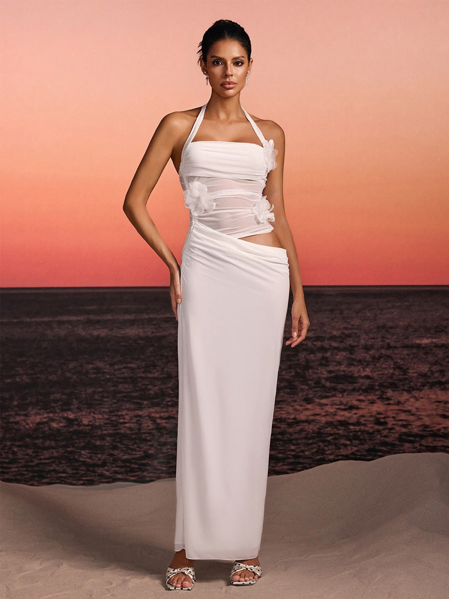 Ariella Halterneck Flower Maxi Dress In White