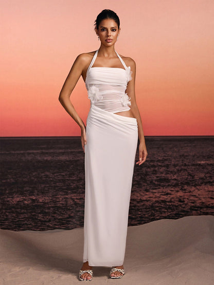Ariella Halterneck Flower Maxi Dress In White