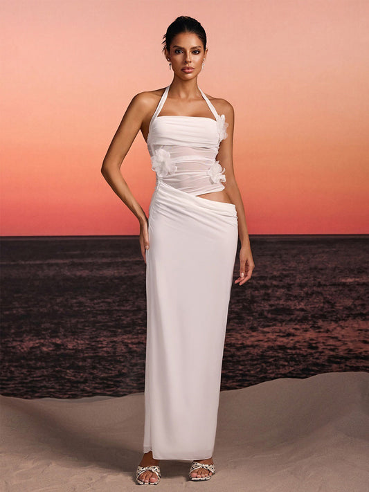 Ariella Halterneck Flower Maxi Dress In White