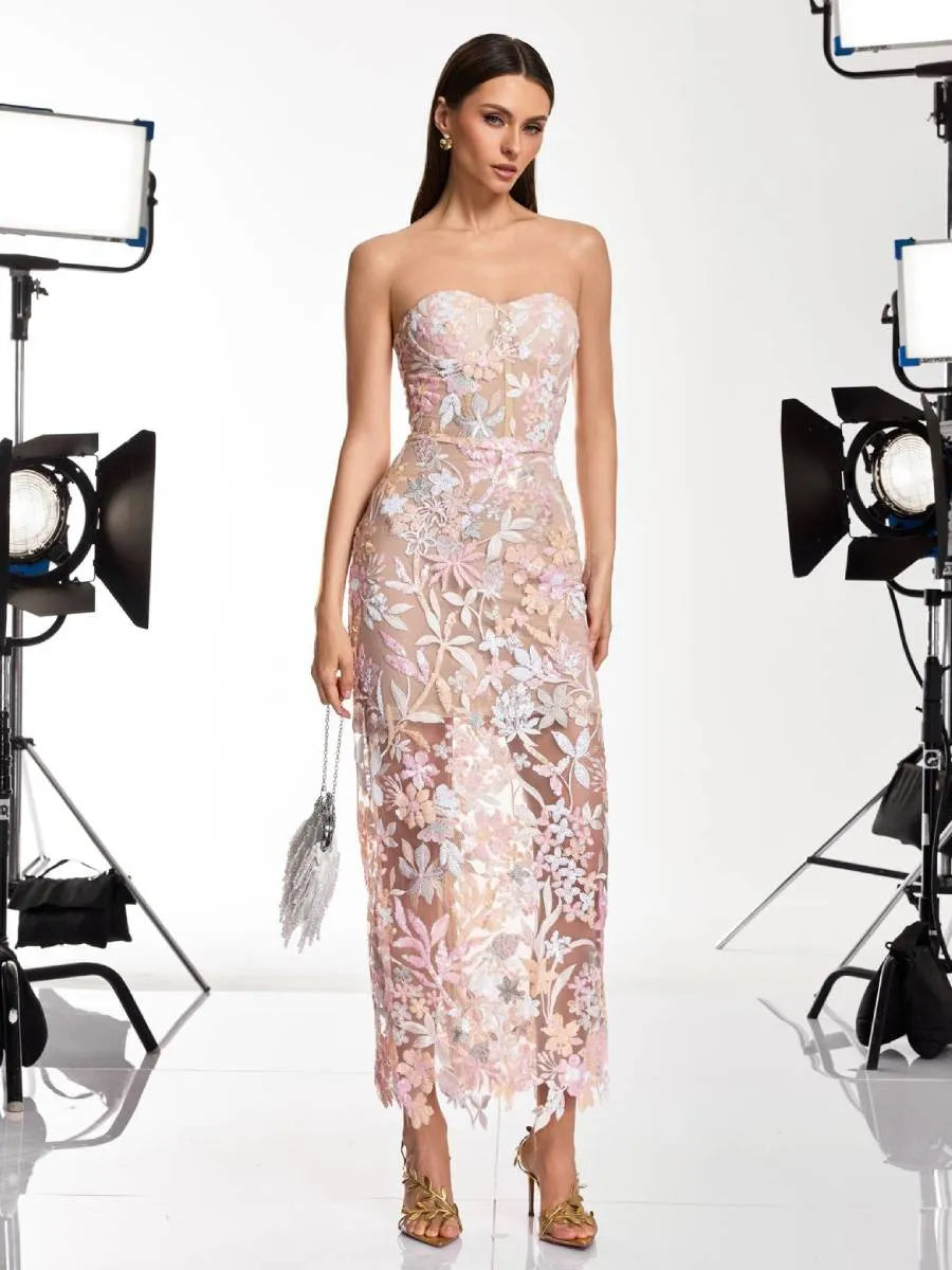 Lucy Strapless Floral Embroidered Sequin Dress