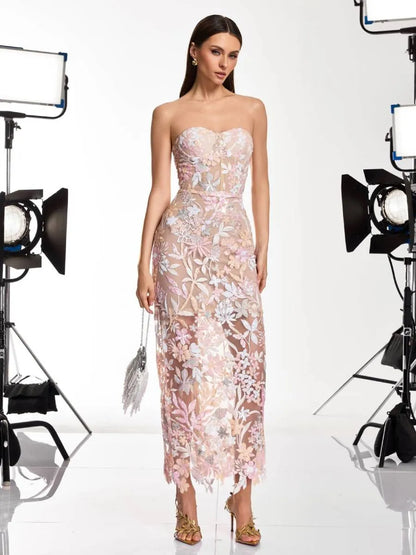 Lucy Strapless Floral Embroidered Sequin Dress