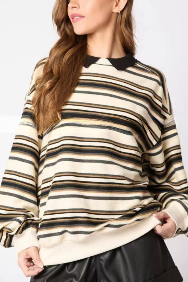 Striped Lapel Long-sleeved Top Loose Casual Sweatshirt