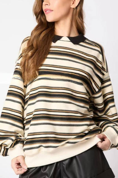 Striped Lapel Long-sleeved Top Loose Casual Sweatshirt