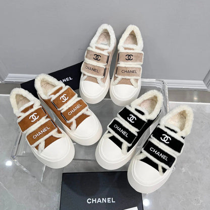CC Sneaker Thick-Soled White Black Suede Wool Lining Fleece