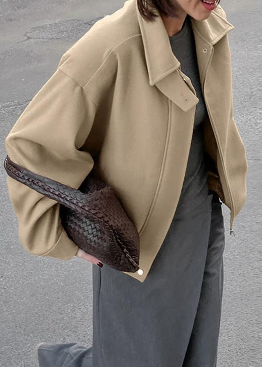Woolen Lapel Coat Loose Fit Beige Style
