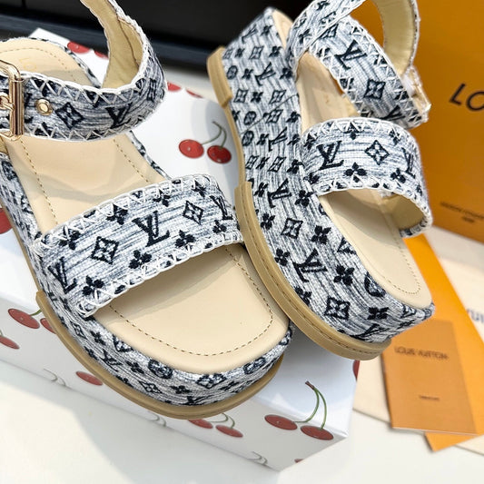 LV Maya Platform Sandals 6cm Grey Denim Beige Cowhide 572499