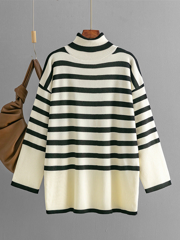 Long Sleeves Loose Contrast Color Split-Joint Striped Patterns High Neck Sweater Tops