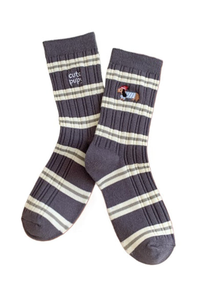 Rufia - Stripes Mid-calf Socks with Dog Patterns