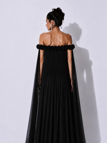 Grace 3D Floral Pleated Off-Shoulder Maxi Dress