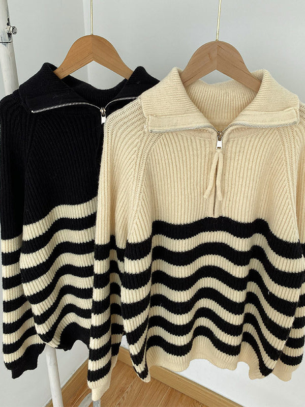 Urban Striped Zipper High-Neck Sweater Tops Pullovers