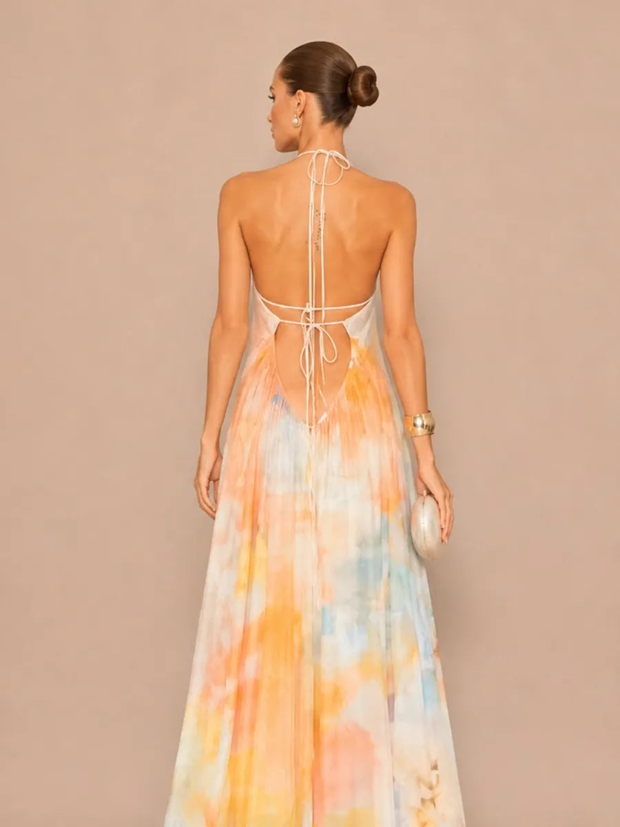 Isadora Printed Mesh Halter-Neck Open-Back Maxi Dress