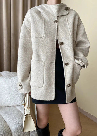 Wool Blend Hooded Cape Coat With Pockets
