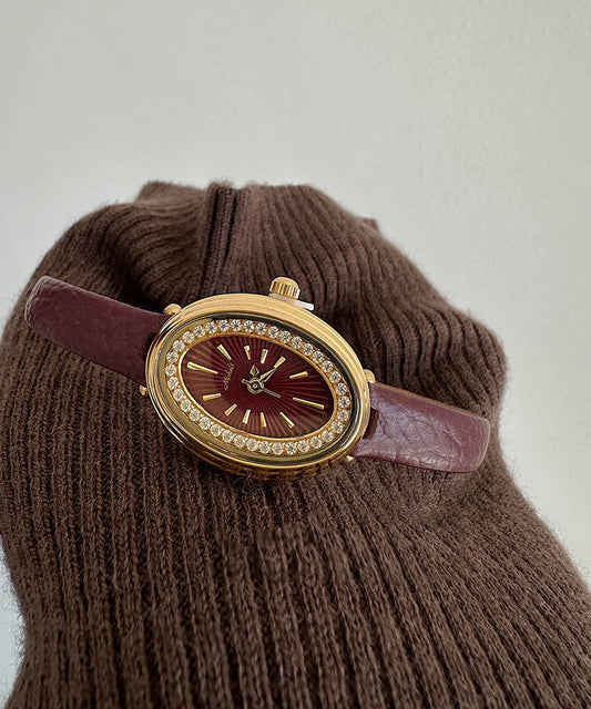 Stylish Dark Red Leather Zircon Hardlex Crystal Watches