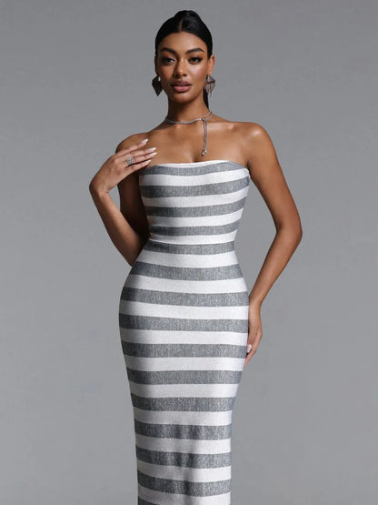 Chloe Striped Strapless Bandage Midi Dress