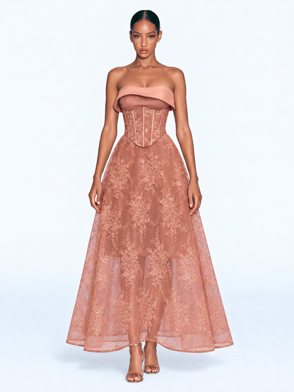 Roxana Foldover Corset Maxi Dress In Coffee