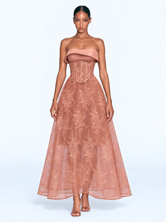 Roxana Foldover Corset Maxi Dress In Coffee