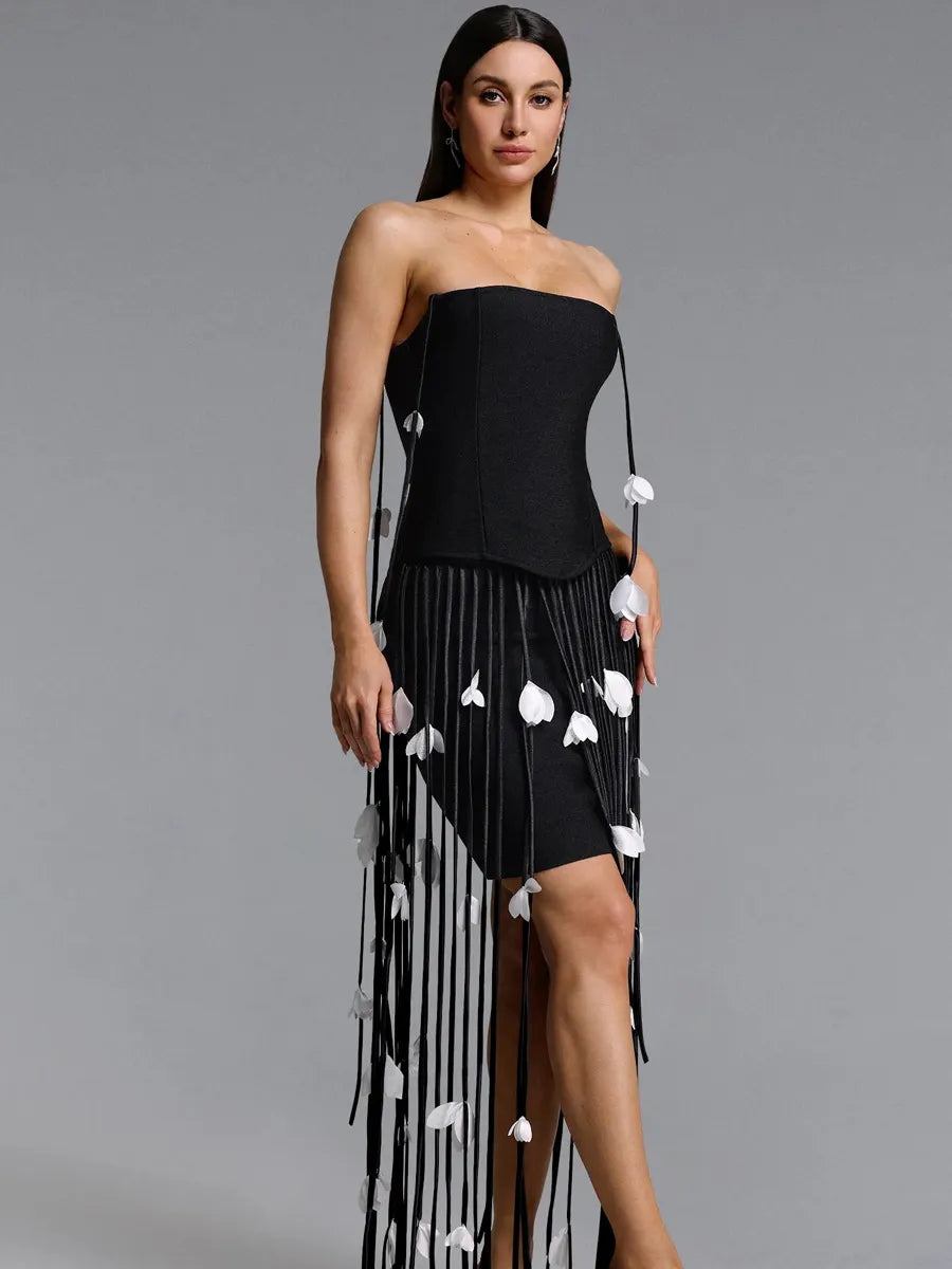 Arielle Strapless Leaf Fringe Bandage Mini Dress