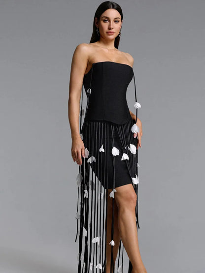 Arielle Strapless Leaf Fringe Bandage Mini Dress