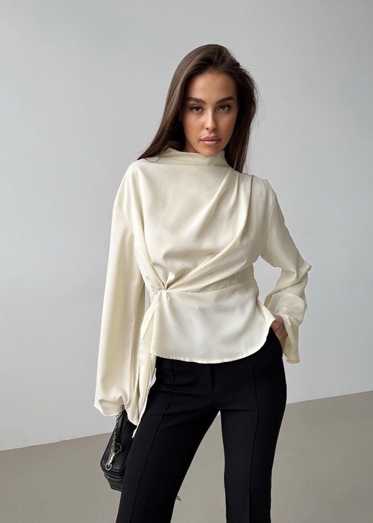 Twist Front Draped Polyester Blend Blouse