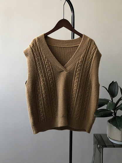 Casual Loose Sleeveless Jacquard Solid Color V-Neck Sweater Vest Outerwear