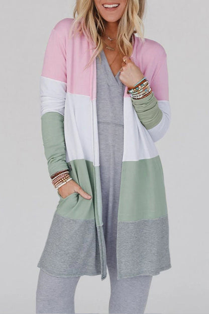 Multicolor Color Block Casual Pocketed Duster Cardigan