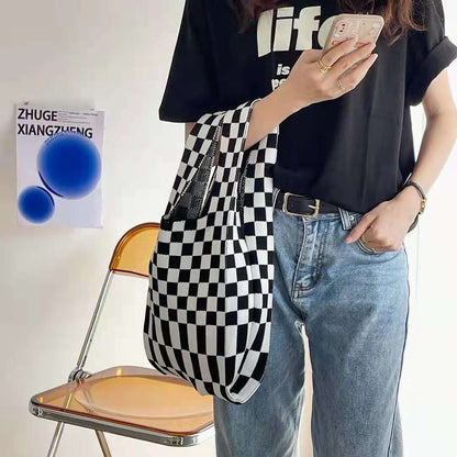 Crochet Tote Bag Checkerboard Knit Bag