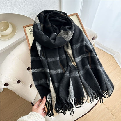 Color Block Plaid Fringe Scarf