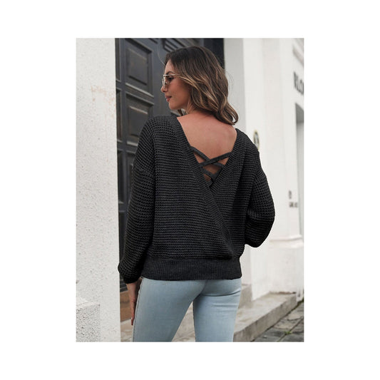 Casual Long Sleeves Loose Solid Color V-Neck Sweater Tops