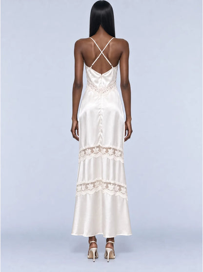 Olivia Satin Lace Patchwork Maxi Dress