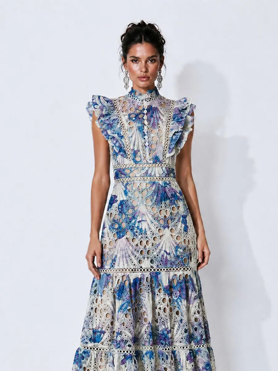 Brynn Lace-Panelled Printed Cut-Out Maxi Dress