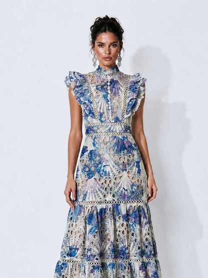 Brynn Lace-Panelled Printed Cut-Out Maxi Dress