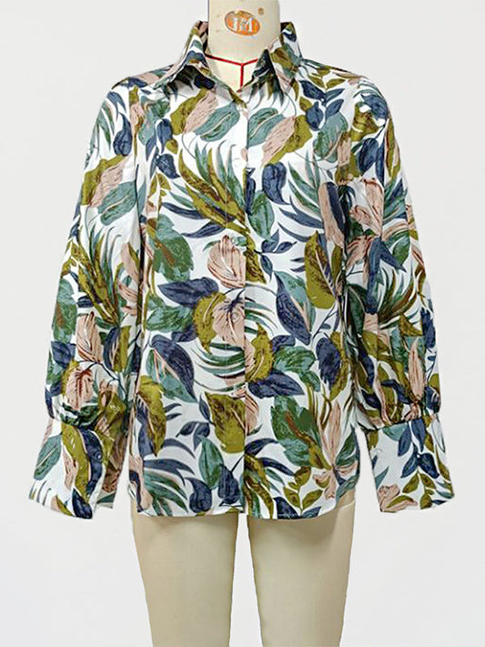 Loose Wrap Contrast Color Leaves Print Blouses&Shirts Tops