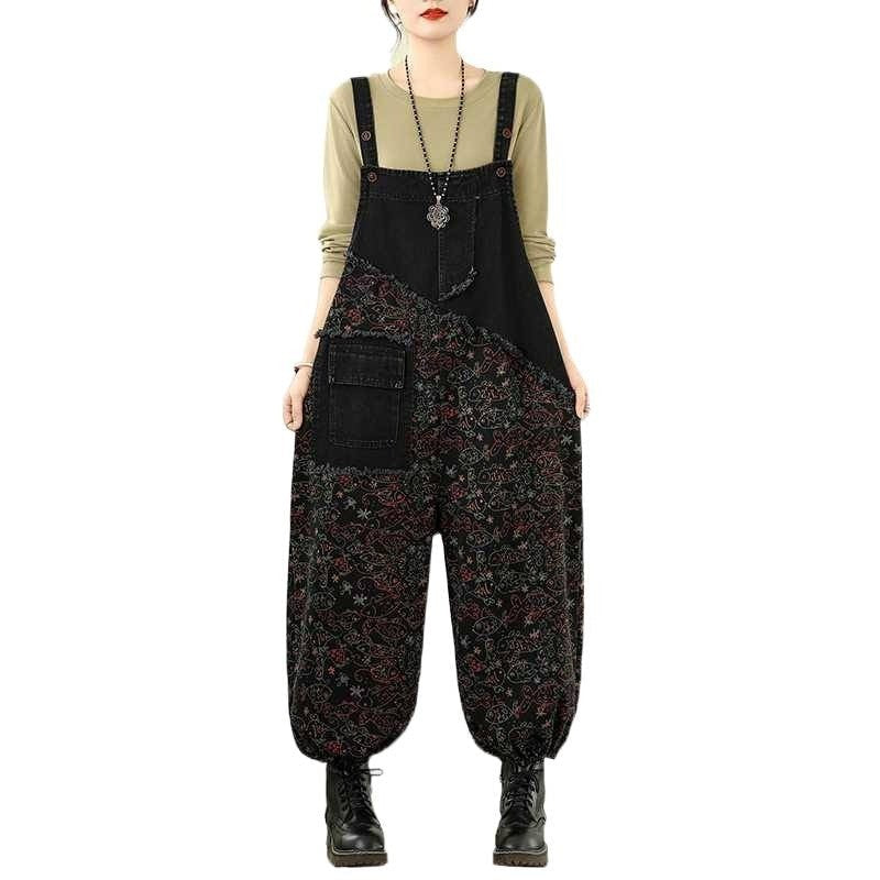 Printed Loose Denim Overalls