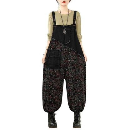 Printed Loose Denim Overalls