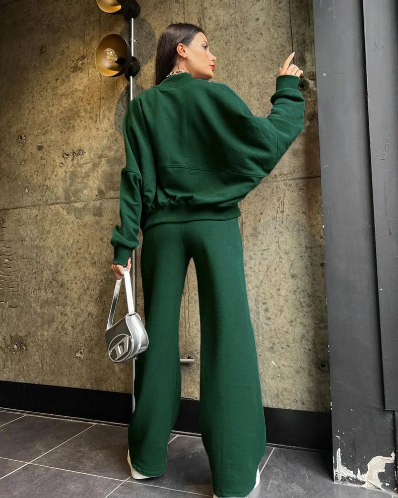 Zip Up Cardigan And Wide Leg Cotton Trousers Set