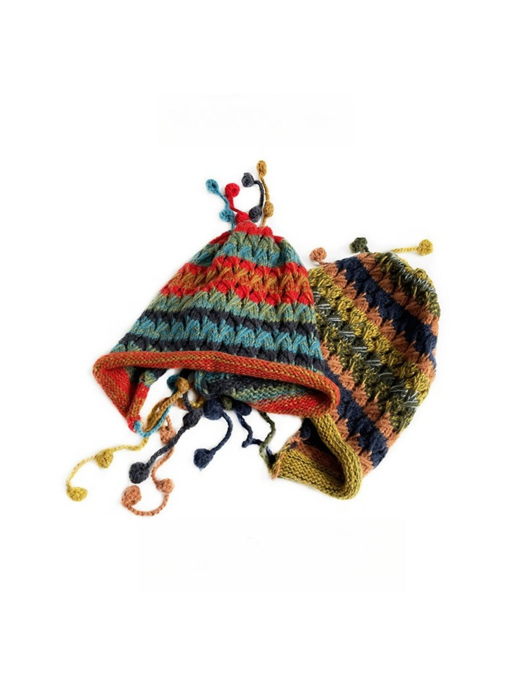 Haila - Colorful Earflap Knitted Beanie with Pompoms