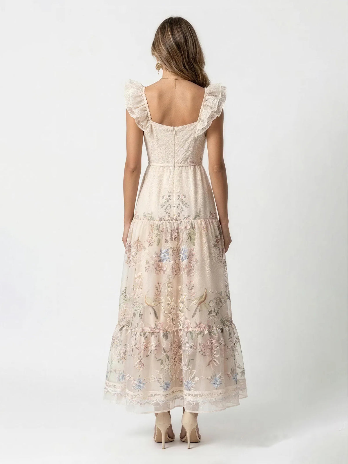 Aurora Vintage Floral Lace Ruffle Maxi Dress