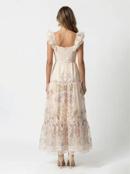 Aurora Vintage Floral Lace Ruffle Maxi Dress