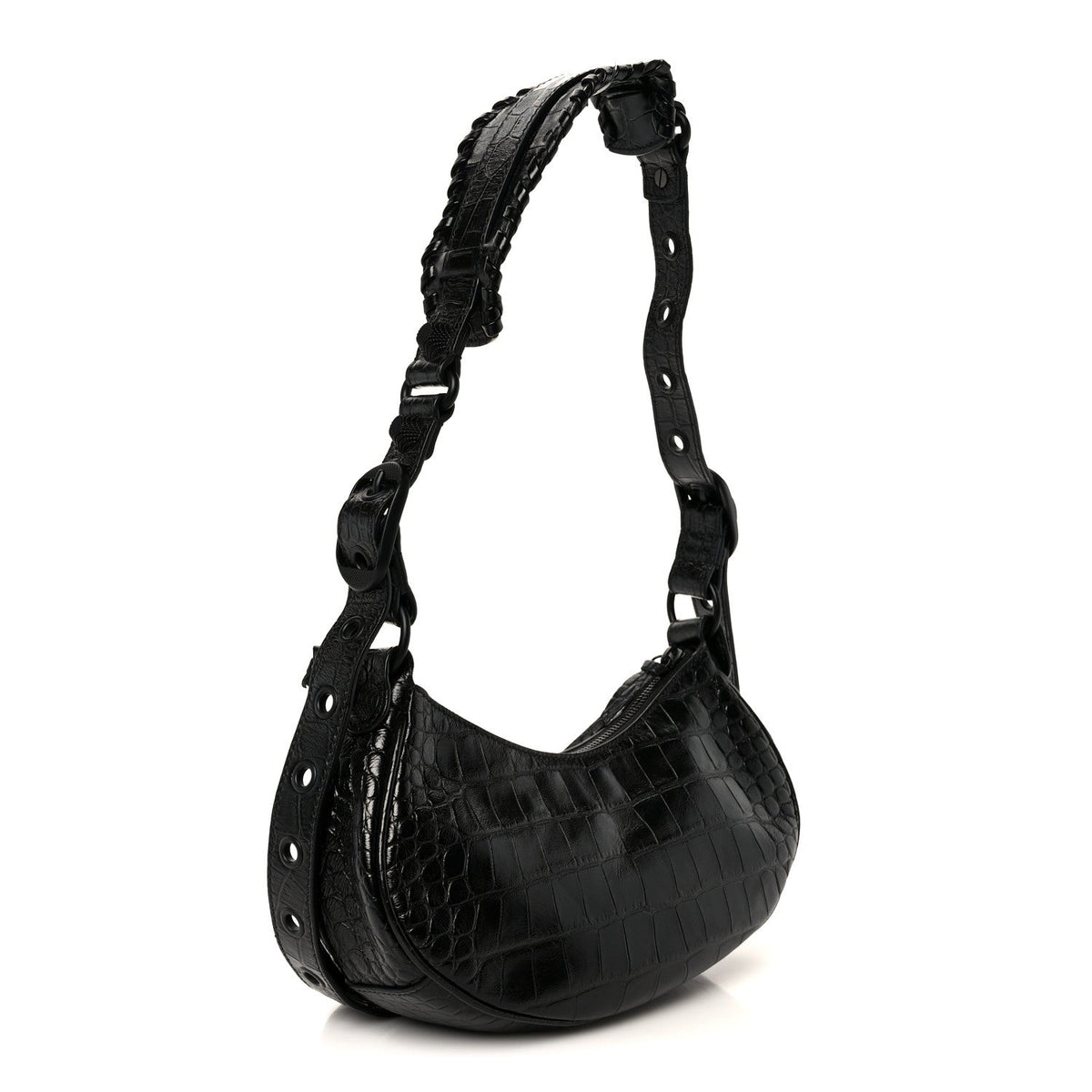 Extra Supple Calfskin Crocodile Embossed Monochrome Le Cagole Shoulder Bag XS Black