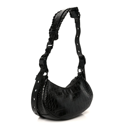 Extra Supple Calfskin Crocodile Embossed Monochrome Le Cagole Shoulder Bag XS Black
