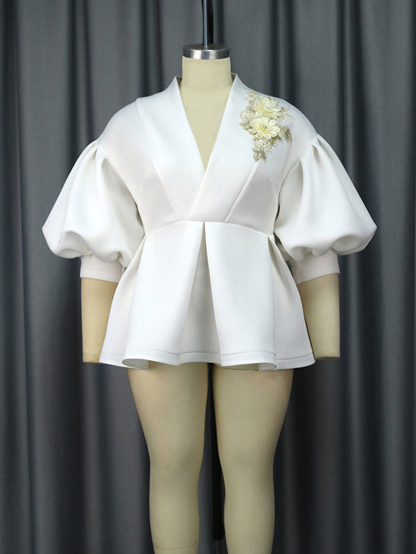 Half Sleeves Loose Asymmetric Embroidered Pleated Split-Joint Deep V-Neck Blouses&Shirts Tops